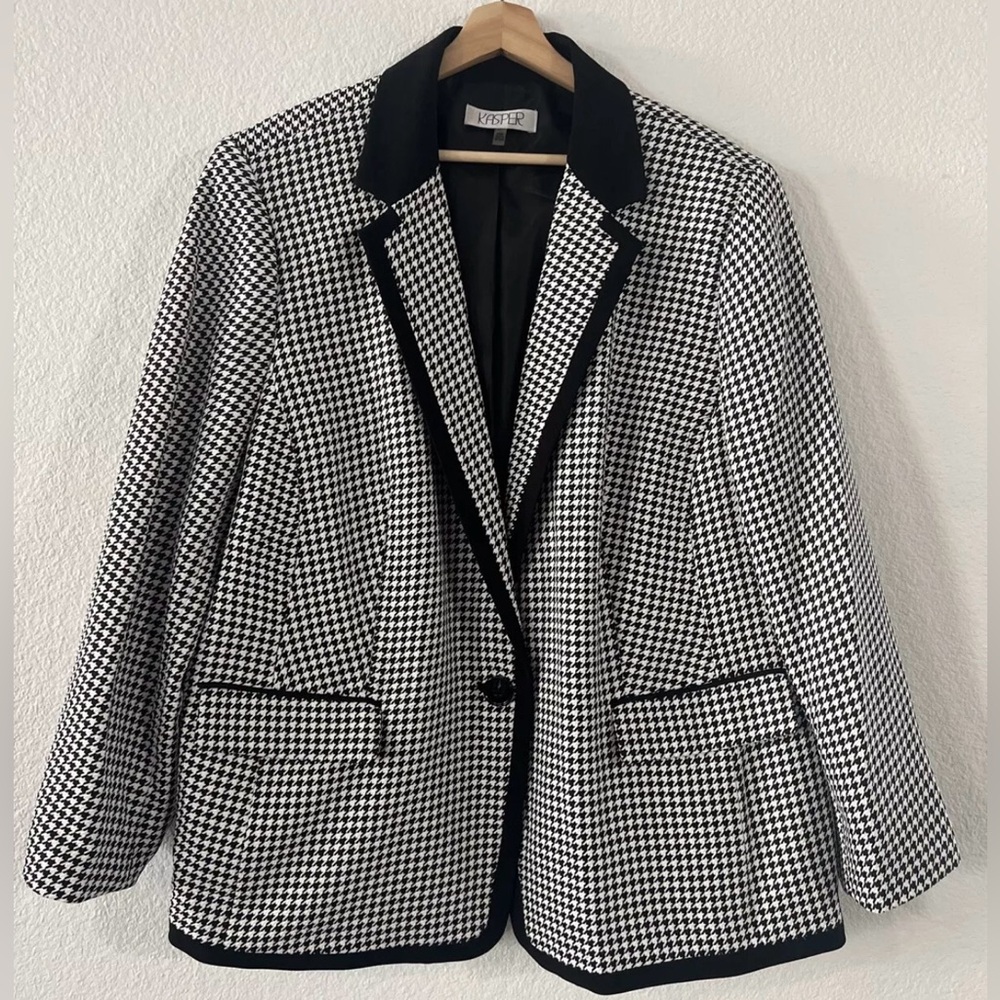 Kasper Black White Houndstooth One Button Office Business Blazer size 24W